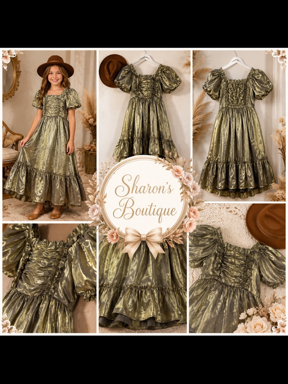 Joyfolie Olive Metallic Puff-Sleeve DressNWT size girls 10